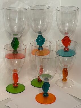 Vintage 7 Novelty Acrylic Goblets Retired Colorful Fish Stemmed Wine Glasses